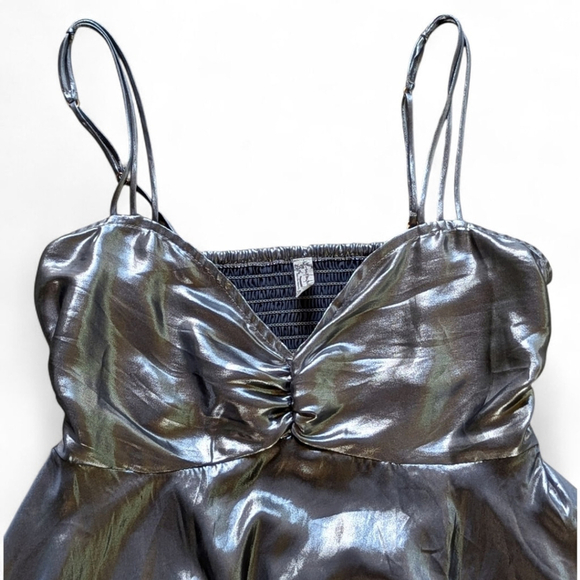 Free People Metallic Silver Mini Dress Sz S – Just Dance Babydoll Slip Y2K Vibes - Picture 6 of 13